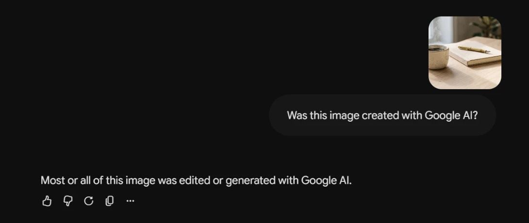 Gemini app answering a question about whether a de-badged image was created with Google AI
