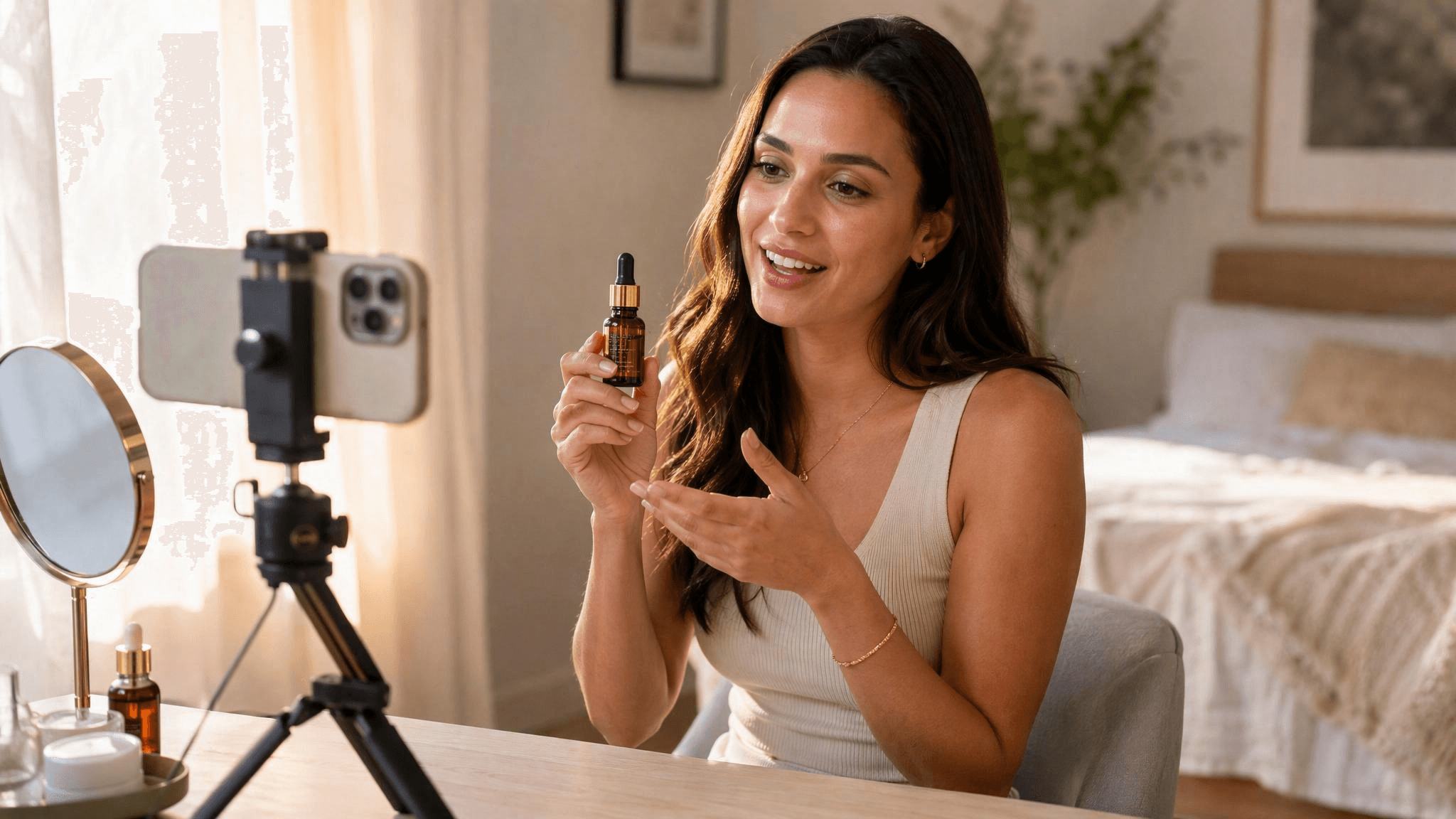 AI-generated behind-the-scenes photo of a woman recording a UGC-style testimonial video, holding an amber skincare serum bottle up to her smartphone mounted on a tripod in a softly lit bedroom.
