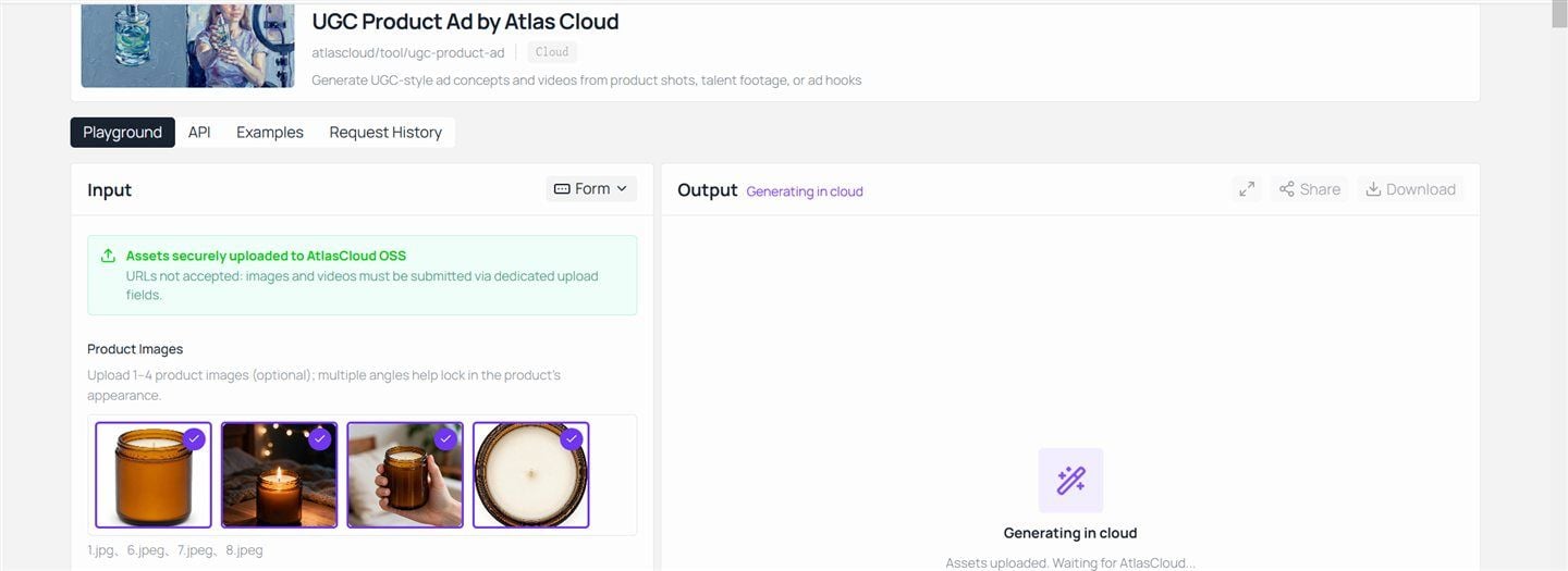 Atlas Cloud UGC Product Ad tool interface showing product image upload, brief field, and ad format menu