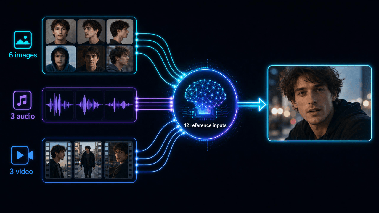 Six images three audio clips three videos feed into brain model outputting one face