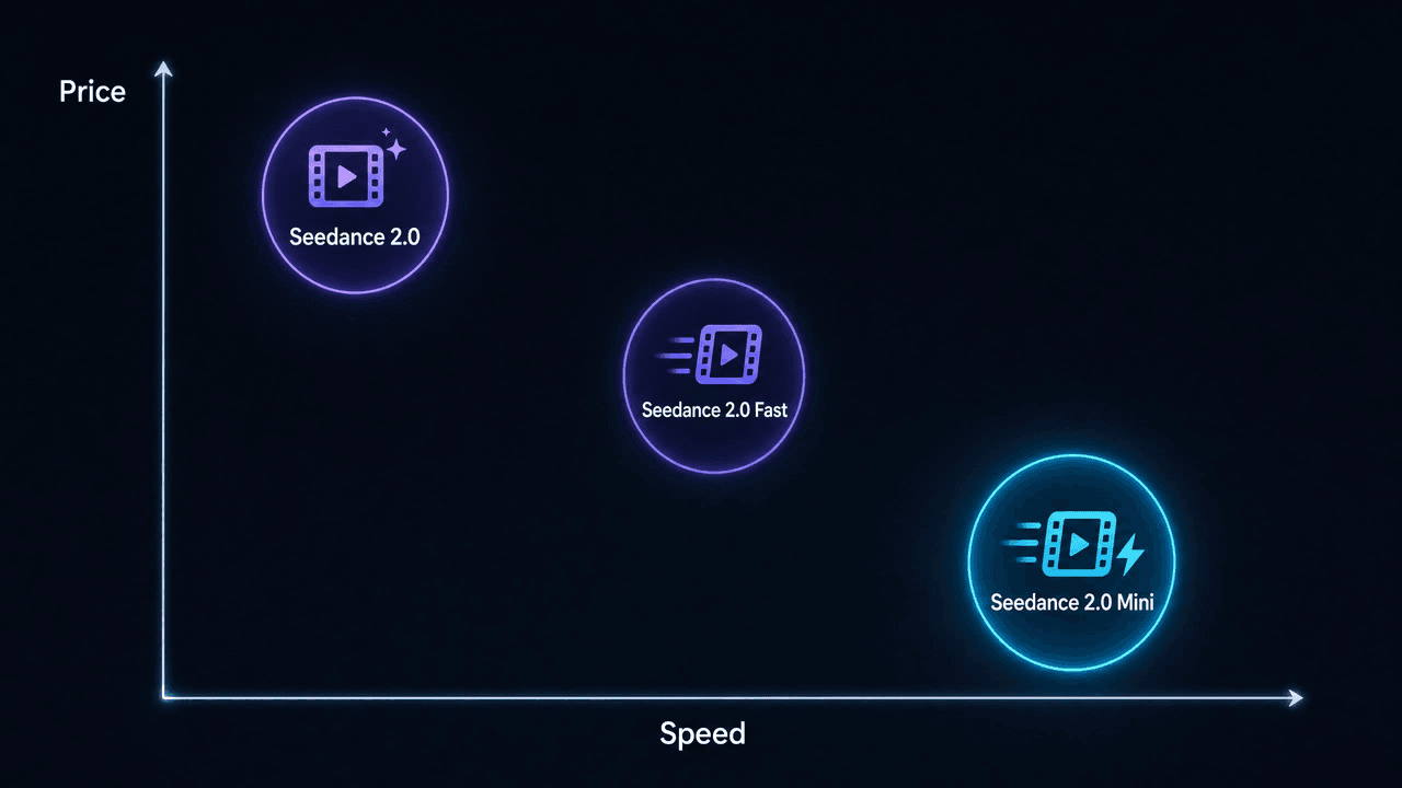 Three Seedance 2.0 product options on price and speed graph