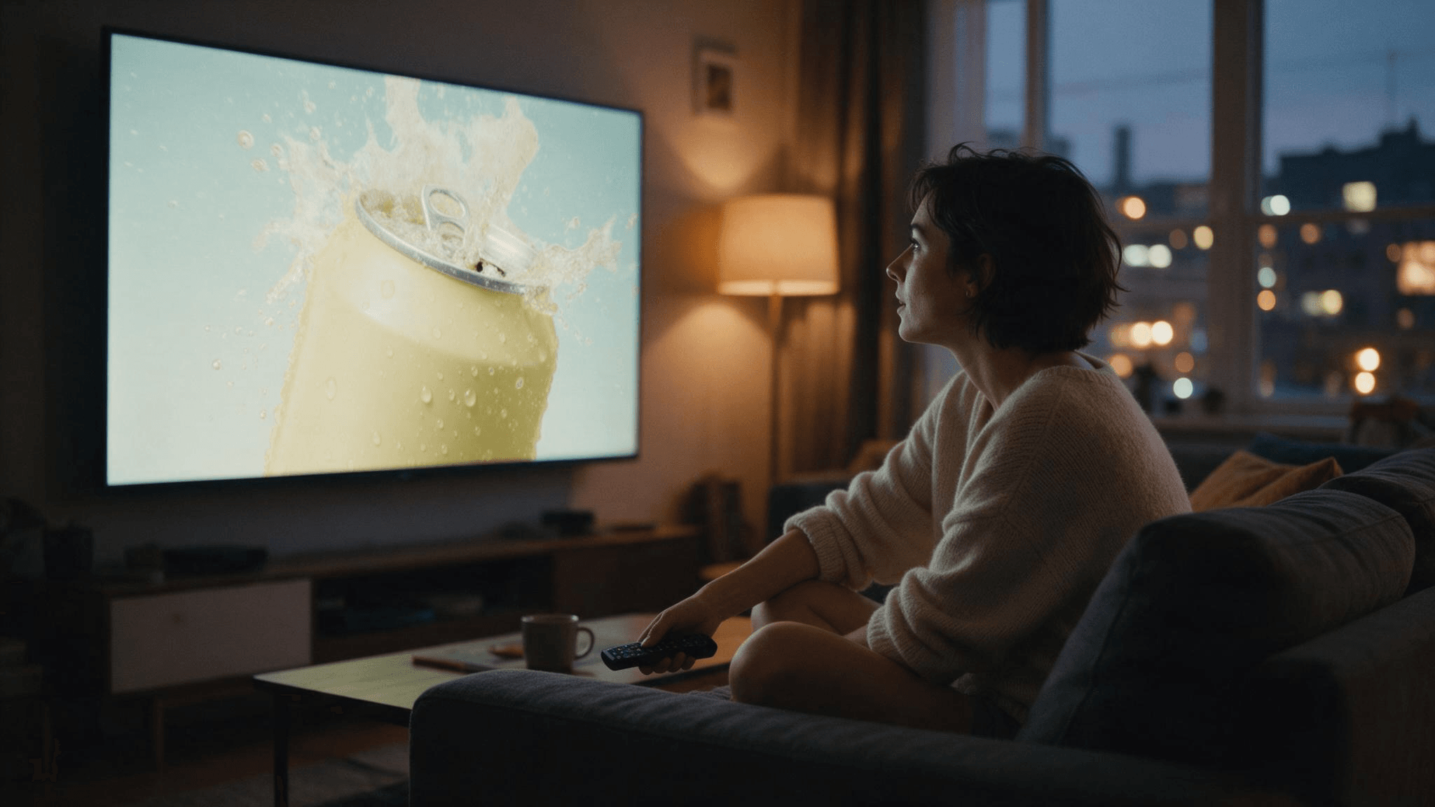 A woman with short dark hair sits on a charcoal sofa at dusk with a TV remote lowered in her hand, watching a wall-mounted television paused on the first frame of a commercial: a pale-yellow soda can bursting open with fizz