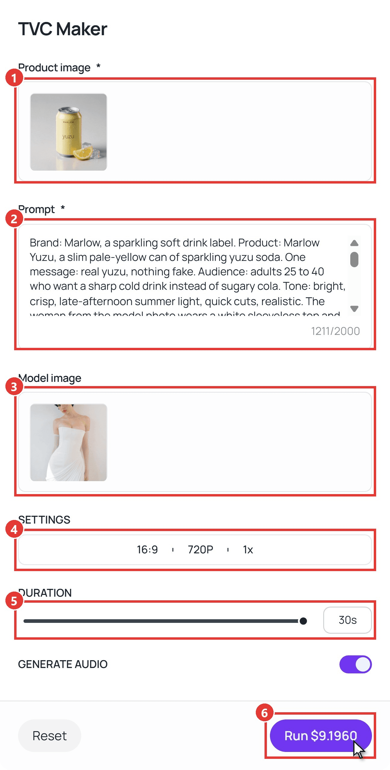 TVC Maker workflow on Atlas Cloud with numbered red boxes on the Product image holding the Marlow Yuzu can, the Prompt holding Brief A, the Model image, SETTINGS at 16:9 and 720P, DURATION at 30 seconds, and the cursor on the Run button