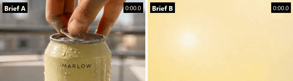 Side-by-side comparison of the first three seconds of two TV ads made from the same product photo: Brief A opens on a pale-yellow can cracking open with fizz while Brief B opens on the word MARLOW over a plain background