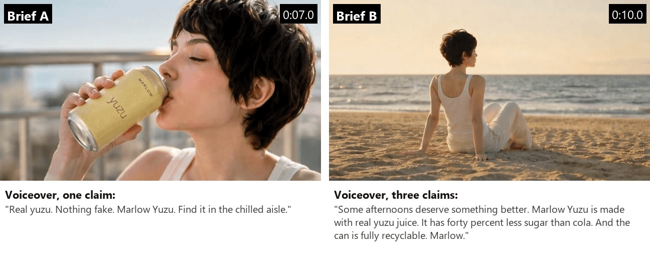 Two frames from the middle of the test spots with their voiceover lines printed below: Brief A shows the woman sipping the Marlow Yuzu can with one claim, Brief B shows her on a beach with three claims stacked in the voiceover