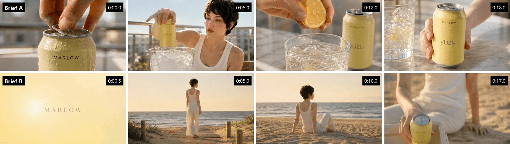 Frame grid with timecodes comparing when the Marlow Yuzu can first appears in two TV ads: in Brief A the can is on screen from 0:00, in Brief B the first frames show a logo card, a boardwalk and a beach and the can only appears at 0:17