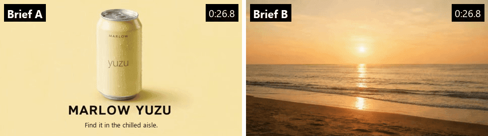 Side-by-side comparison of the last three seconds of two TV ads: Brief A ends on a packshot of the Marlow Yuzu can with the text Find it in the chilled aisle, Brief B ends on an empty beach at sunset with no text