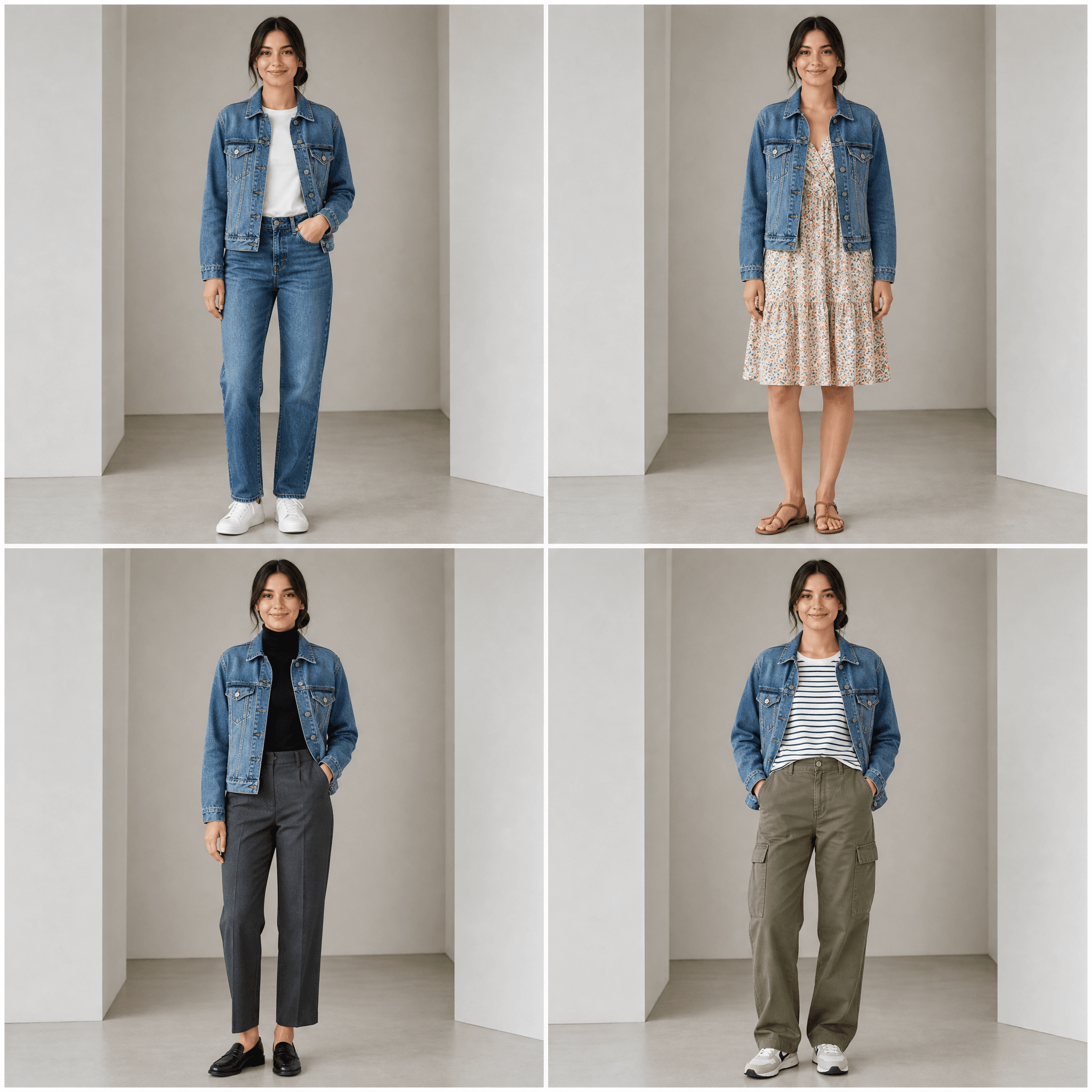 One denim jacket restyled across four outfits with an AI clothes changer, giving four UGC ads their assets from a single photo.