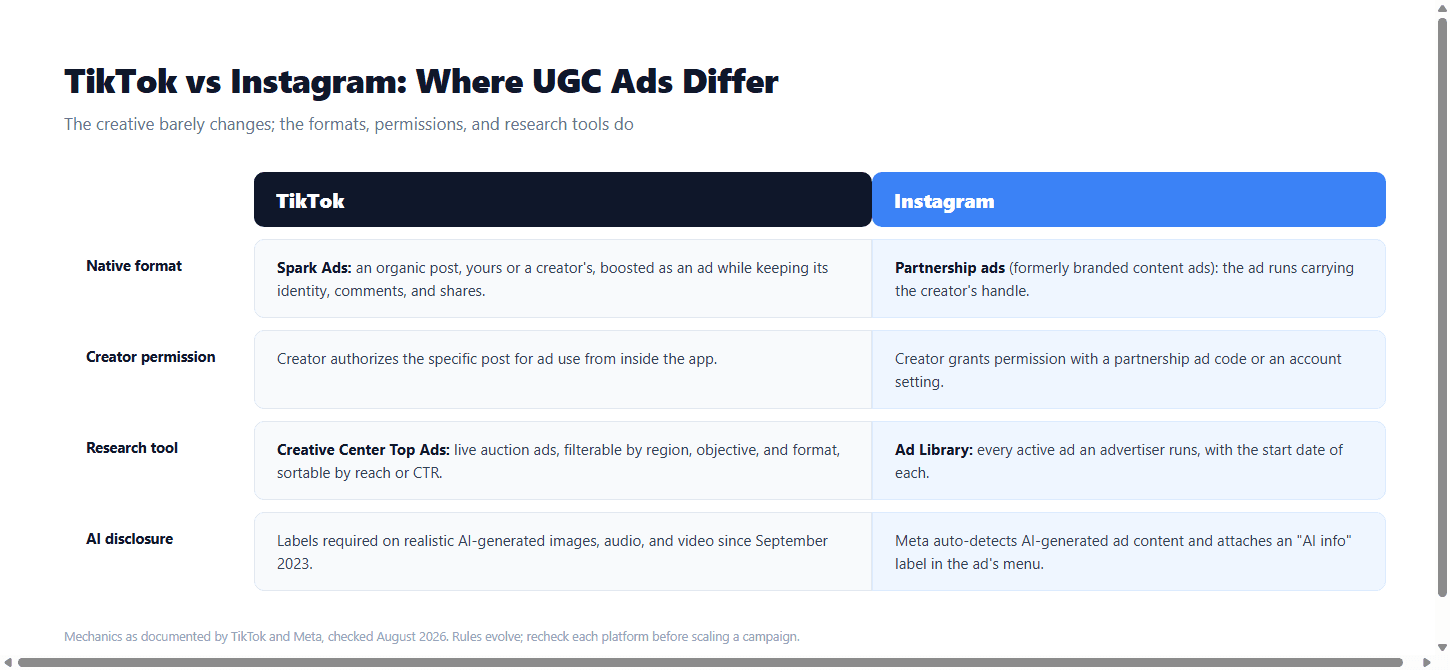 TikTok UGC ads and Instagram UGC ads compared across native formats, creator permissions, research tools, and AI disclosure rules.