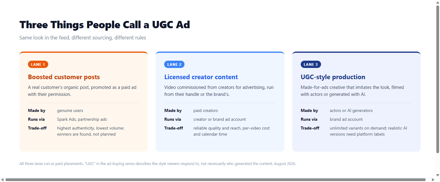 Three lanes of UGC ads compared: boosted customer posts, licensed creator content, and produced UGC style ads.