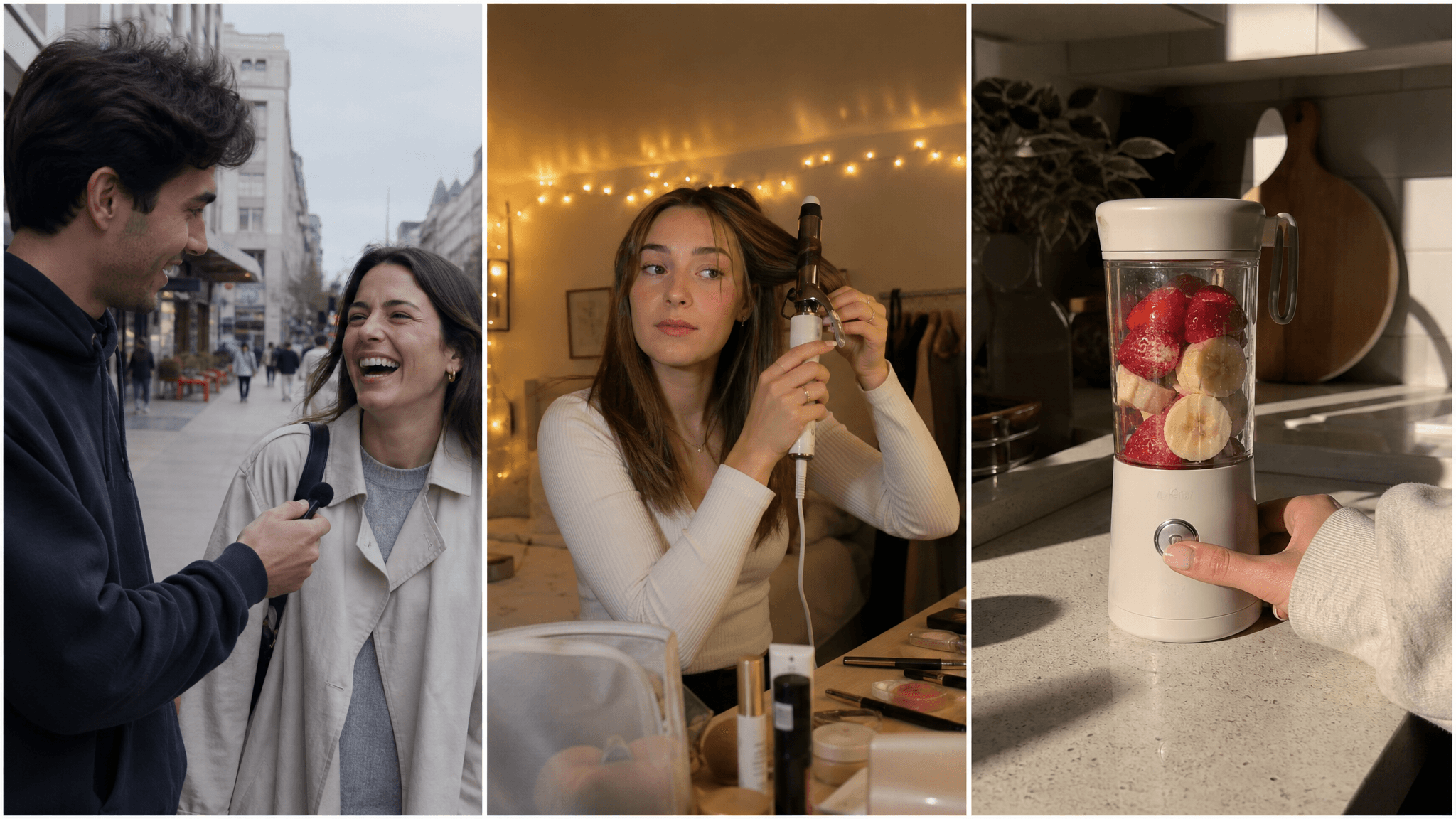 Three styles of UGC ads as video stills: a street interview, a get-ready-with-me routine, and a day-in-the-life product moment.