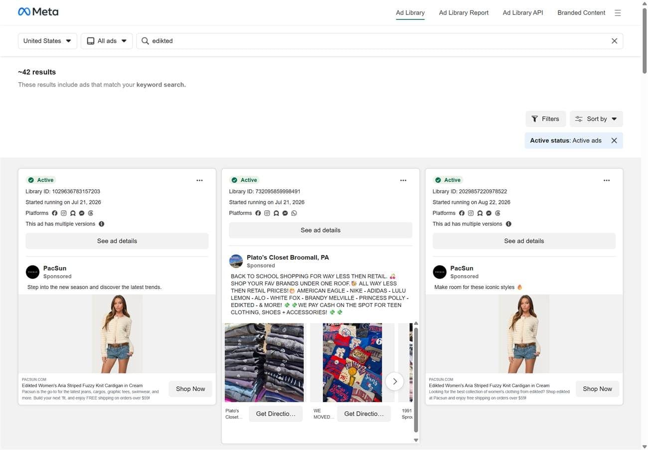Meta Ad Library results used to spot high-converting UGC ads by checking how long each ad has been running.