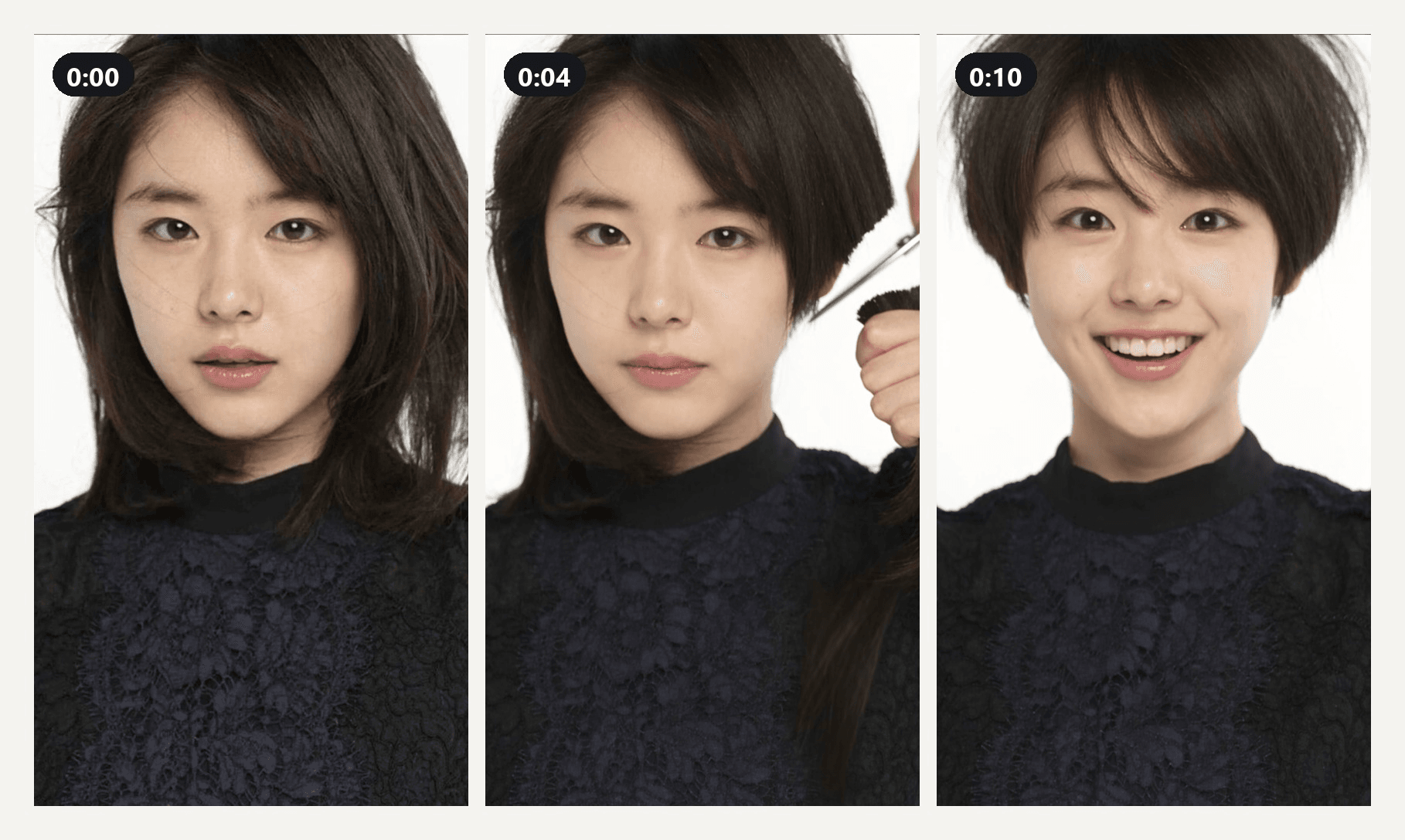 What would I look like with short hair, answered by a 10-second AI video in three frames, shoulder-length dark hair at the start, scissors cutting at 4 seconds, and a finished pixie cut with a smile at the end