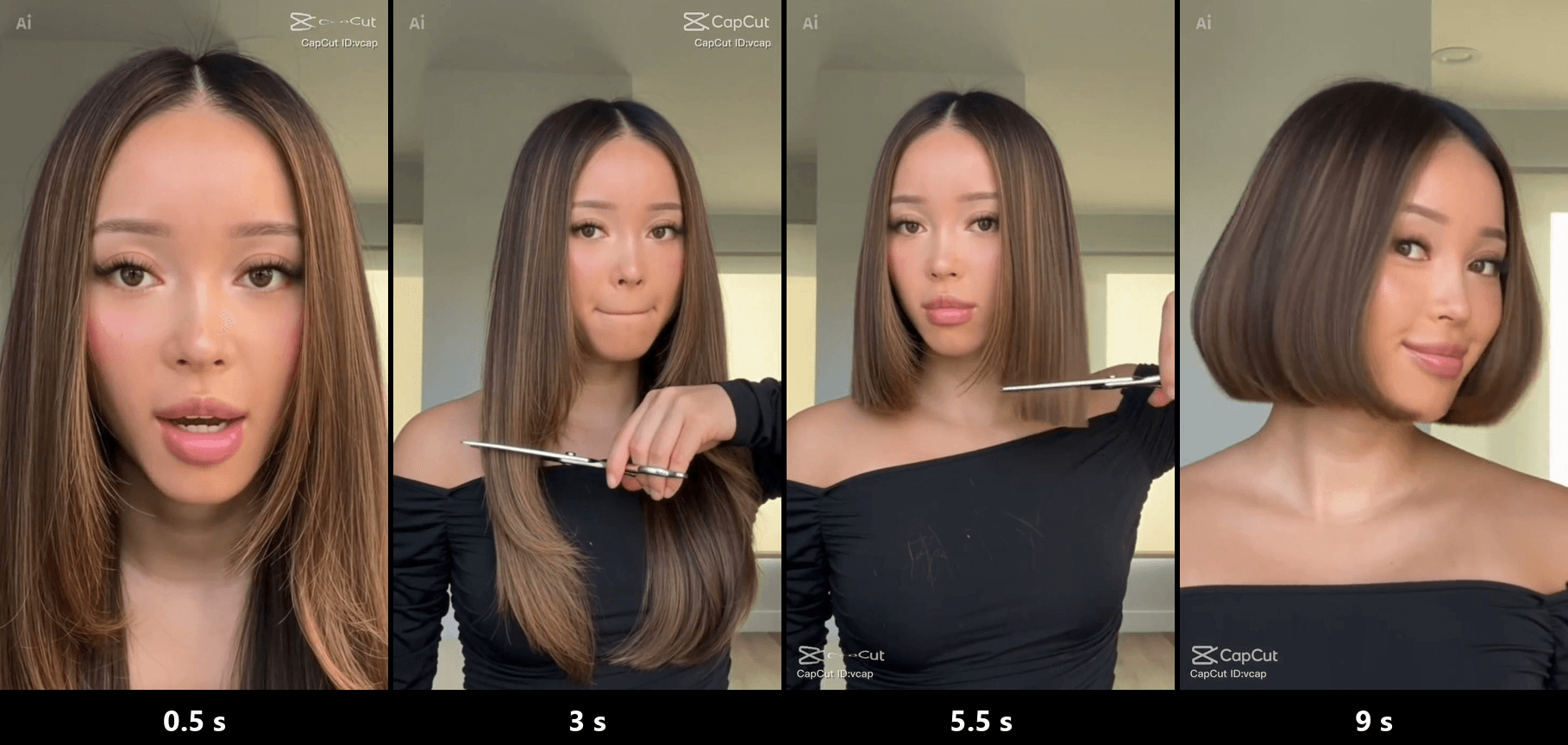 Short hair filter CapCut template Bob Haircut Filter in four frames, long brown hair at 0.5 seconds, scissors at the jaw at 3 seconds, a chin-length bob at 5.5 seconds and a smiling bob at 9 seconds Frames from the preview video of the CapCut template Bob Haircut Filter by VCap.