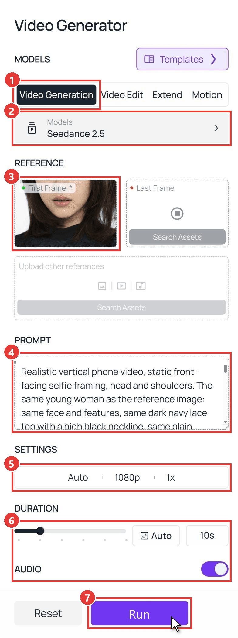 Short hair filter steps in the Atlas Cloud video generator, numbered boxes on the Video Generation tab, the Seedance 2.5 model, the First Frame photo, the bob prompt, 1080p, the 10-second duration with Audio on and the Run button