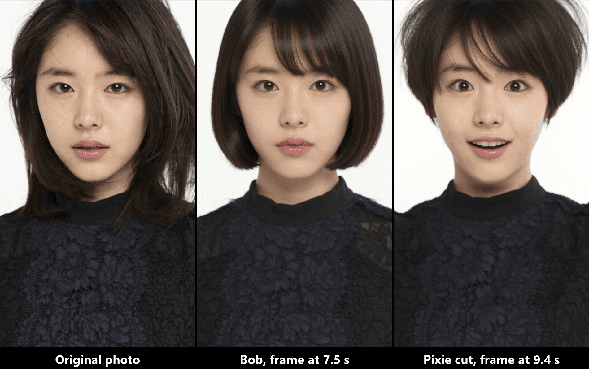 Bob filter and pixie cut filter compared on one photo, the original shoulder-length hair next to the 7.5-second frame of the bob clip and the 9.4-second frame of the pixie clip