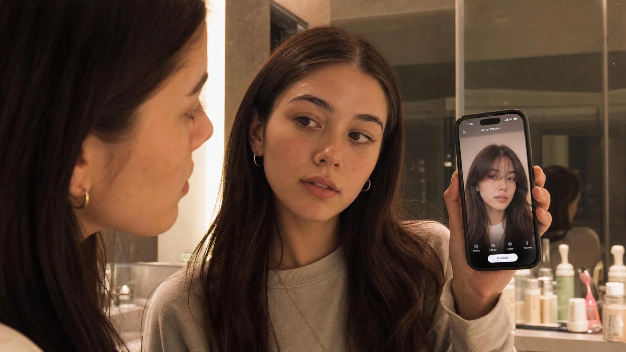 A woman comparing her real hairstyle in a bathroom mirror to an AI-generated preview of curtain bangs shown on her phone screen.