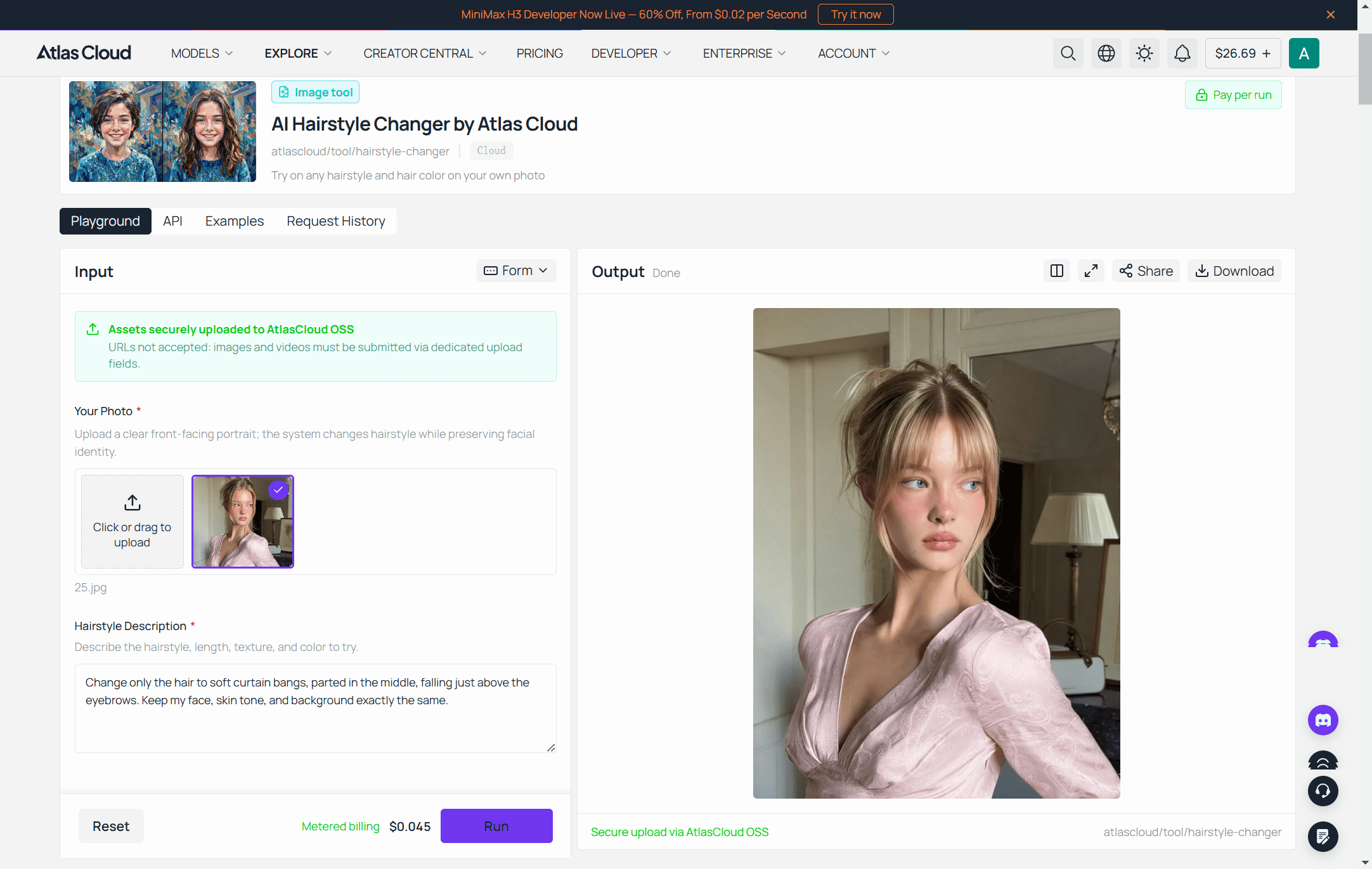 Screenshot of the Atlas Cloud Free AI Hairstyle Changer interface with a photo uploaded, a written hairstyle description in the text field, and the generated result shown alongside it.