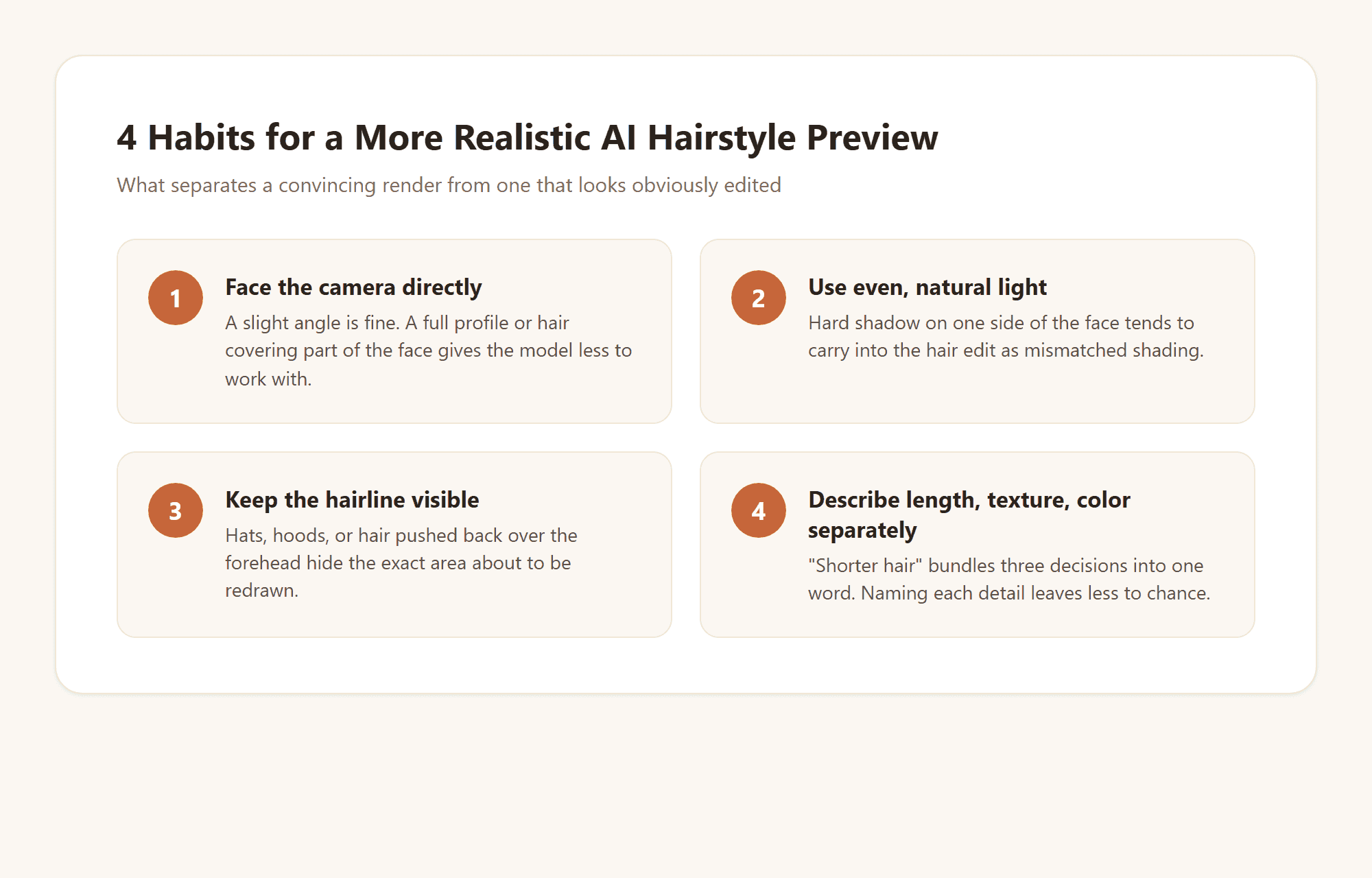 Checklist graphic showing four habits for a more realistic AI hairstyle preview: facing the camera directly, using even natural light, keeping the hairline visible, and describing length, texture, and color separately.