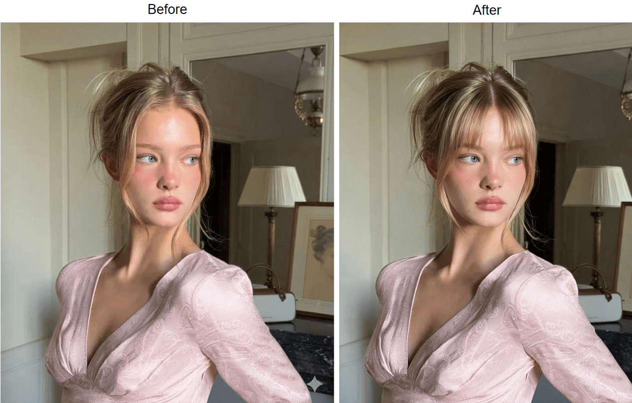 Before and after result from Atlas Cloud's free AI hairstyle changer showing the same face with curtain bangs added over the original hairstyle.