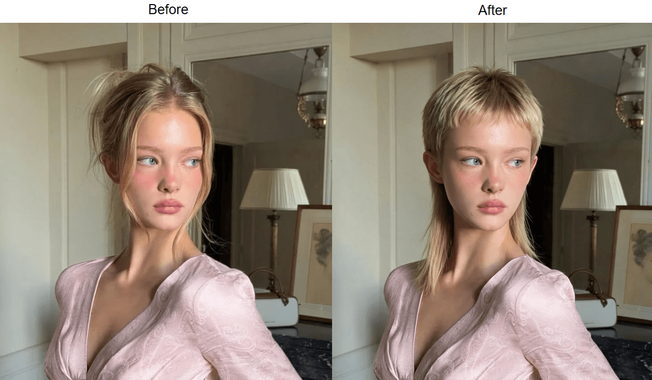 Before and after result from an AI hairstyle changer showing the same face with a modern mullet haircut, short on top and longer at the back.