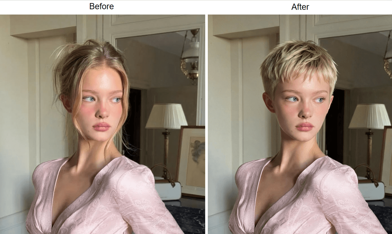 Before and after result from an AI hairstyle changer showing the same face with a short pixie cut, textured on top with closely cropped sides.