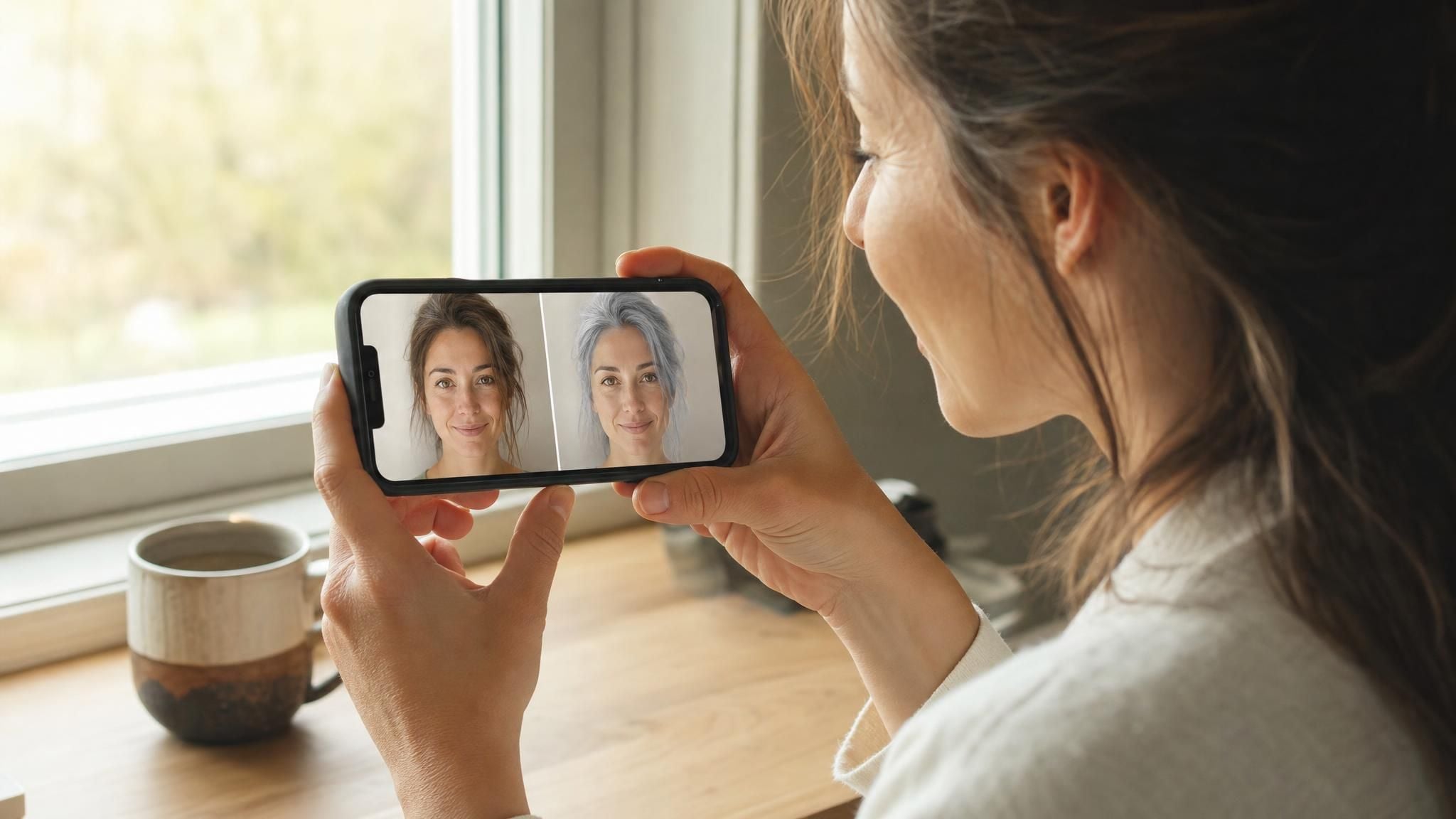 A woman comparing her natural brown hair in a bathroom mirror to an AI-generated silver-gray hair preview shown on her phone screen.