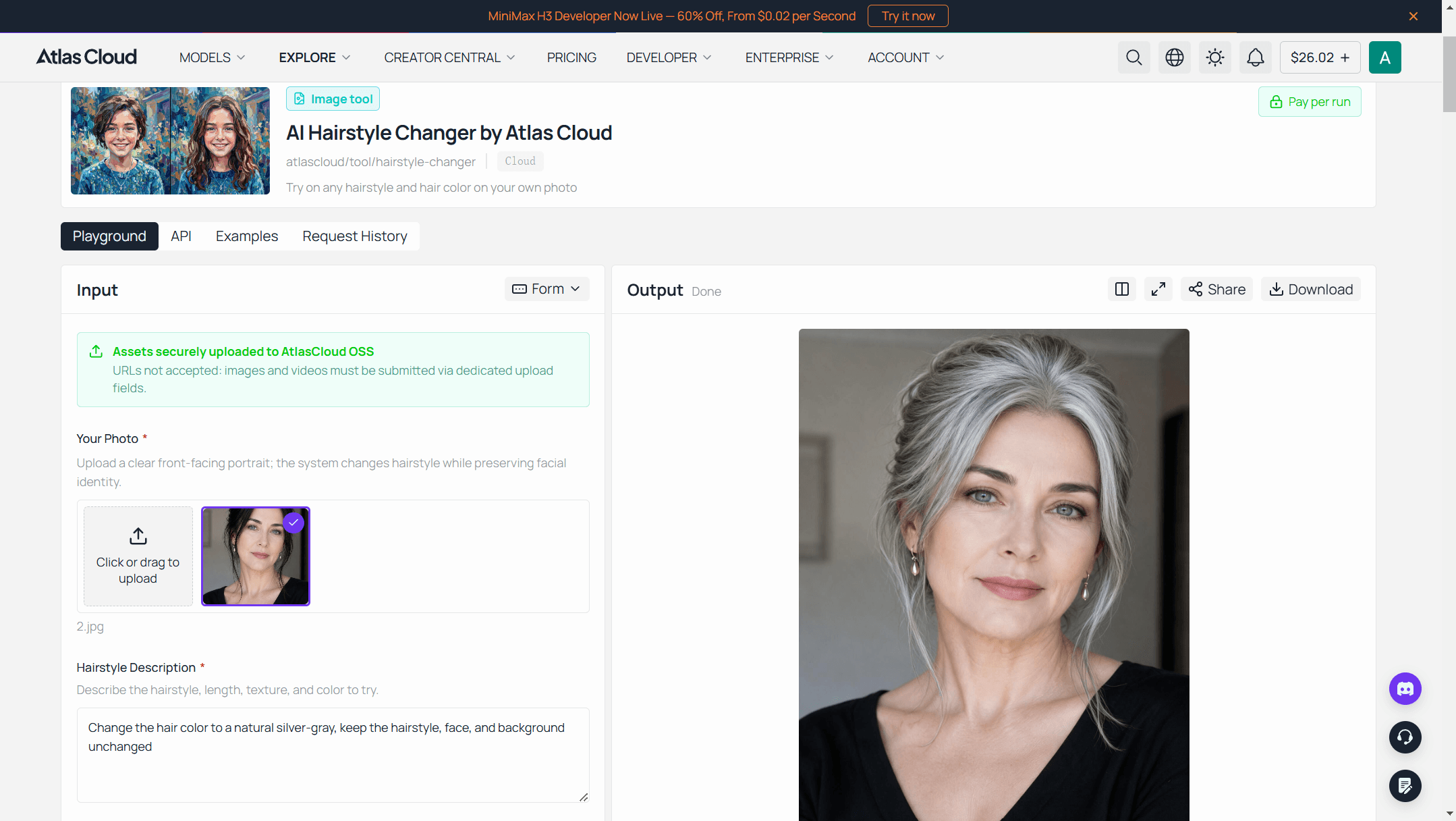 Before and after screenshot from Atlas Cloud's free AI hair color changer showing a real generated silver-gray result on the same face and background.