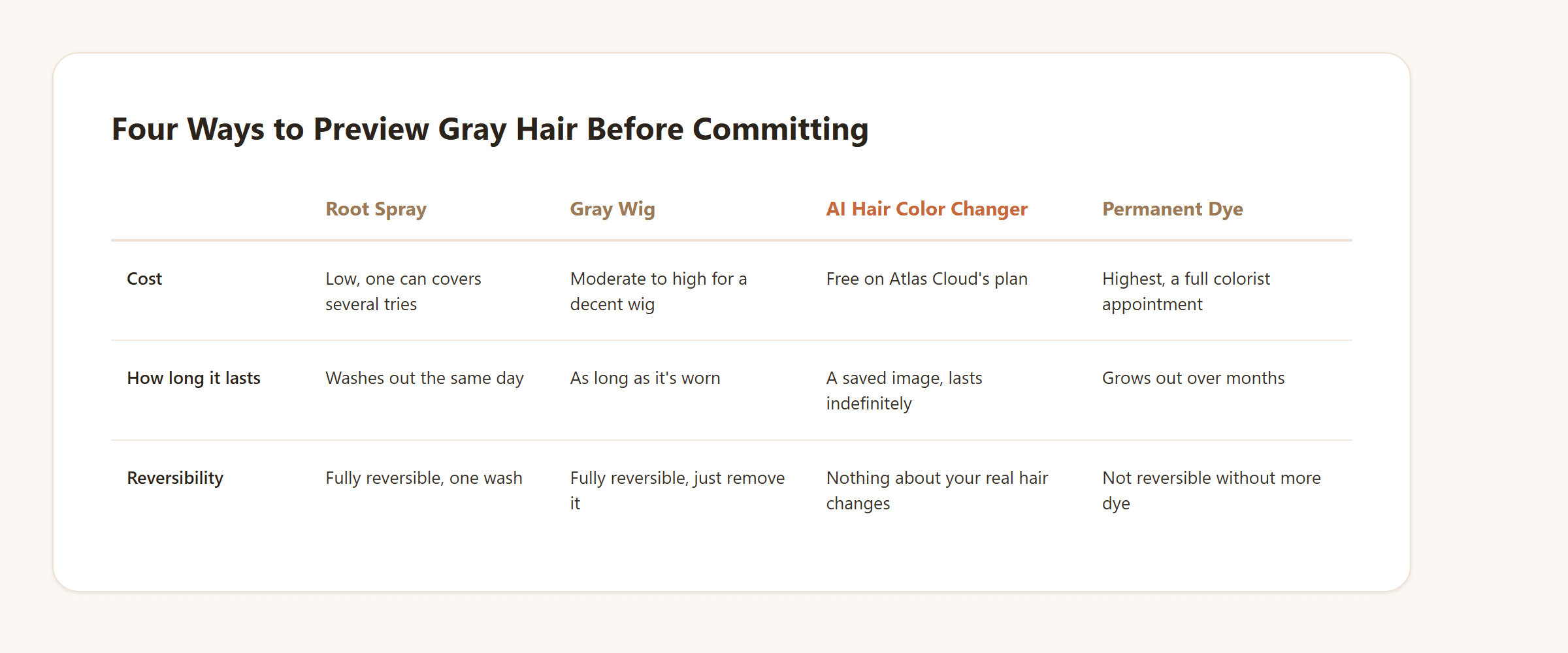 Comparison graphic of four ways to preview gray hair, temporary root spray, a gray wig, an AI hair color changer, and permanent dye, showing cost, how long each preview lasts, and reversibility.
