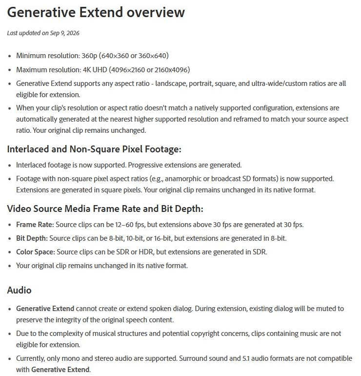 Adobe Premiere help page titled Generative Extend overview, last updated on Sep 9, 2026, listing source requirements: minimum resolution 360p, maximum 4K UHD, any aspect ratio, interlaced footage supported, source clips at 12 to 60 fps with extensions above 30 fps generated at 30 fps, extensions generated in 8-bit and SDR, and audio rules saying dialog is muted, clips containing music are not eligible, and only mono and stereo audio are supported