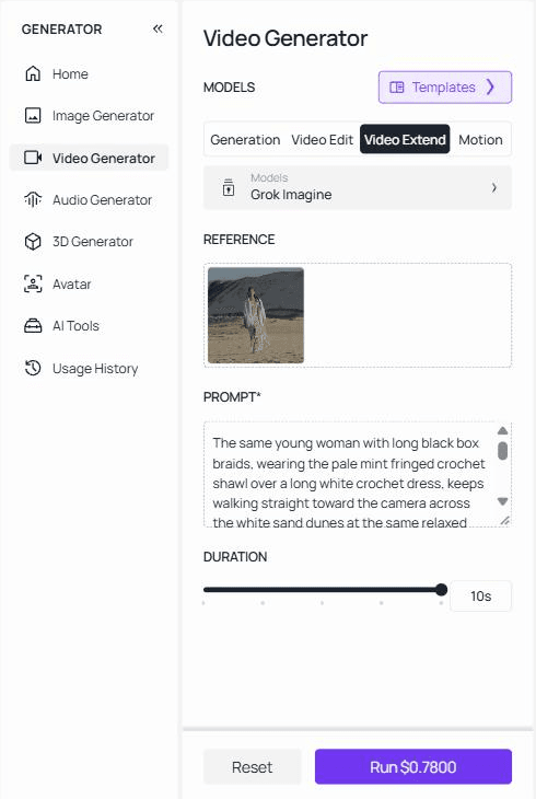 Atlas Cloud Video Generator with the Video Extend tab selected and Grok Imagine as the model, the dune clip loaded in the reference box, the continuation prompt about the woman in the mint fringed shawl typed in, the DURATION slider set to 10 seconds, and the Run button showing the price of the run