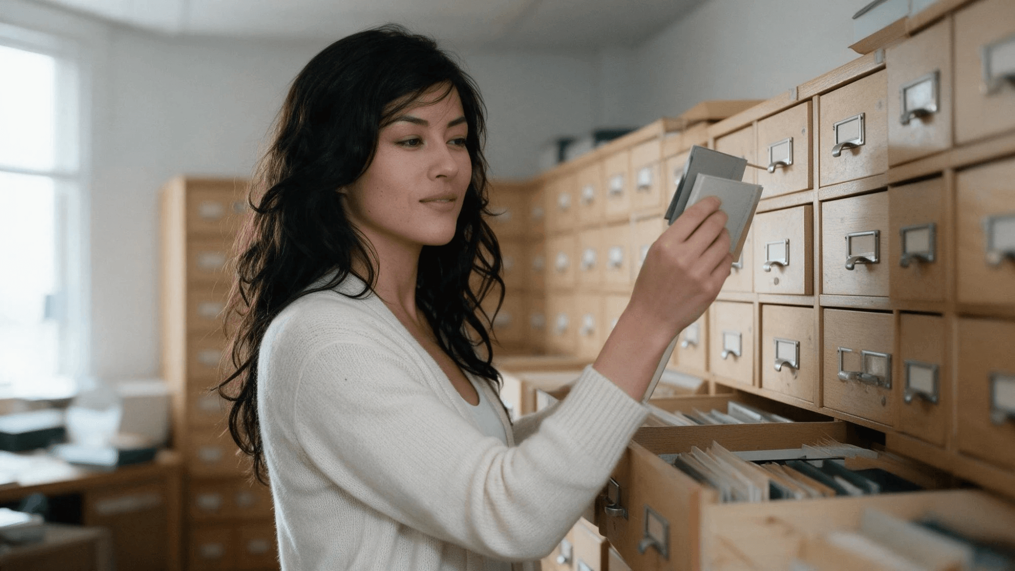 A woman with long dark wavy hair in a cream knit cardigan stands beside a wall of pale wooden card-catalog drawers in a bright study, one drawer pulled open, reading a card folder she has just taken out, as a visual metaphor for finding ChatGPT archived chats