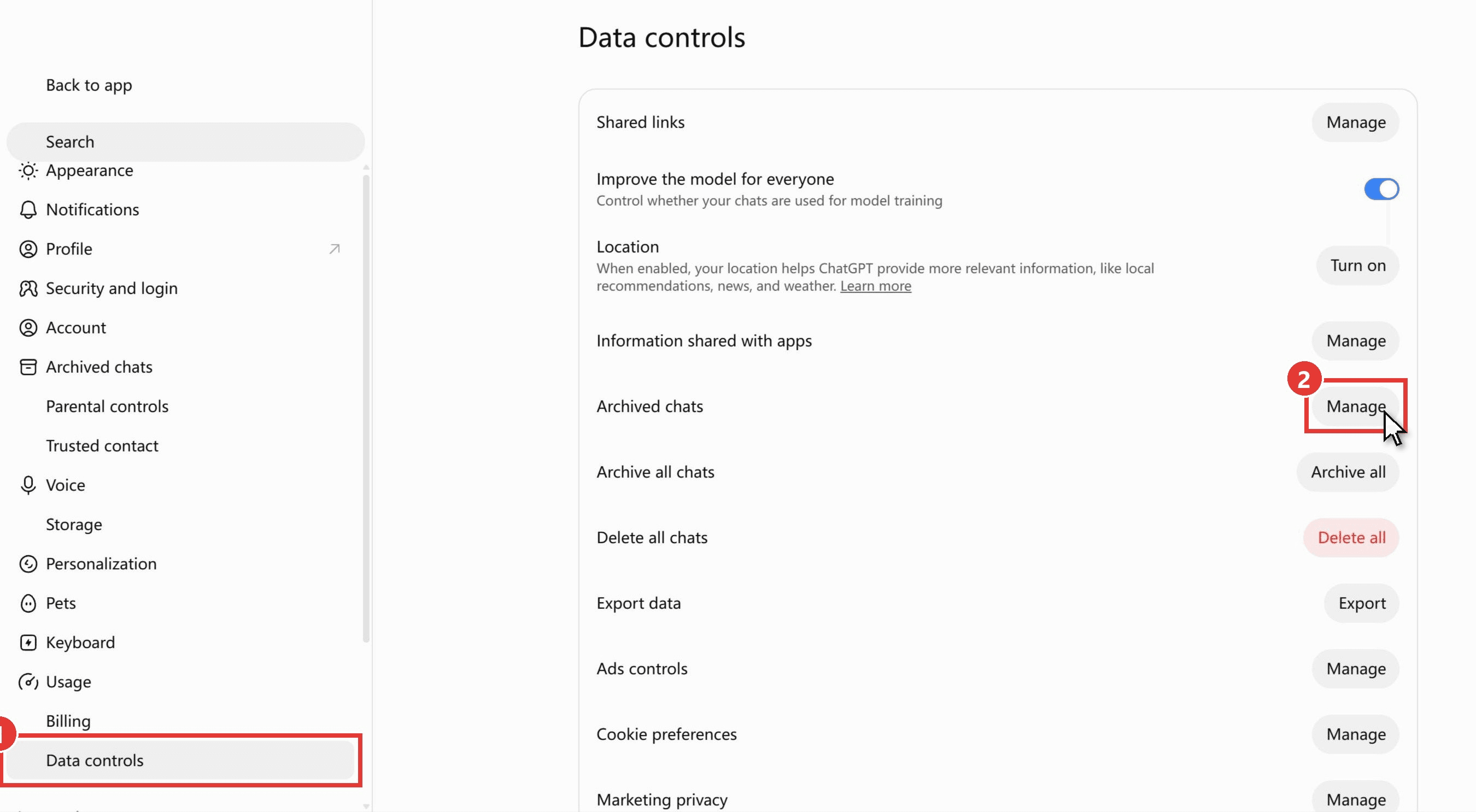 ChatGPT Settings page on the web with the Data controls section open, Data controls in the left menu marked as step 1 and the Manage button on the Archived chats row marked as step 2 with the cursor on it, next to the Archive all and Delete all rows