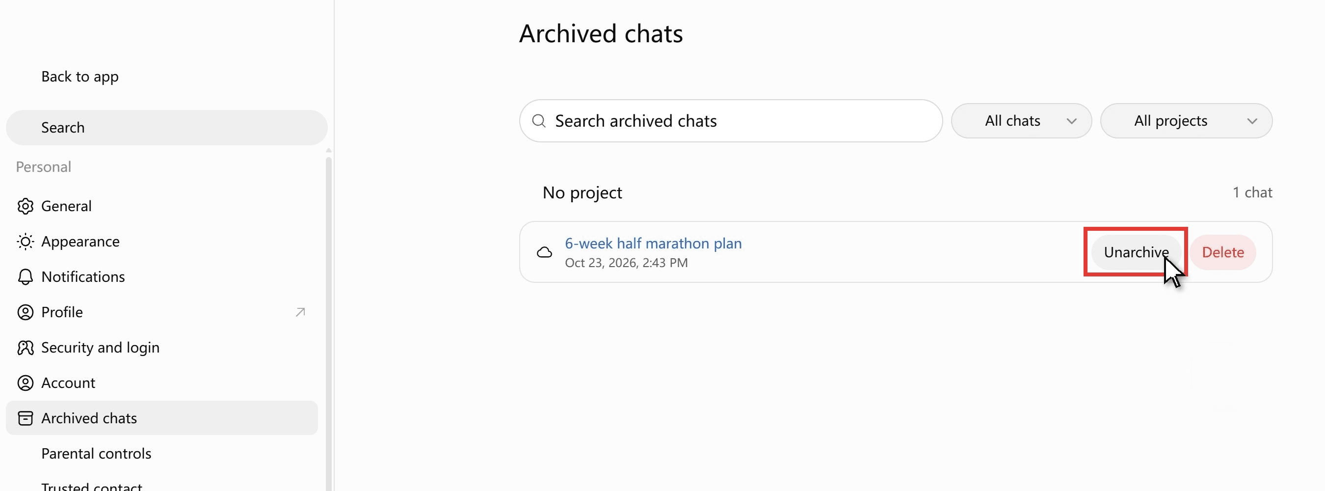 Archived chats page in ChatGPT Settings showing the archived 6-week half marathon plan chat with its date, a search box for archived chats, and the Unarchive button marked with a red box and the cursor on it