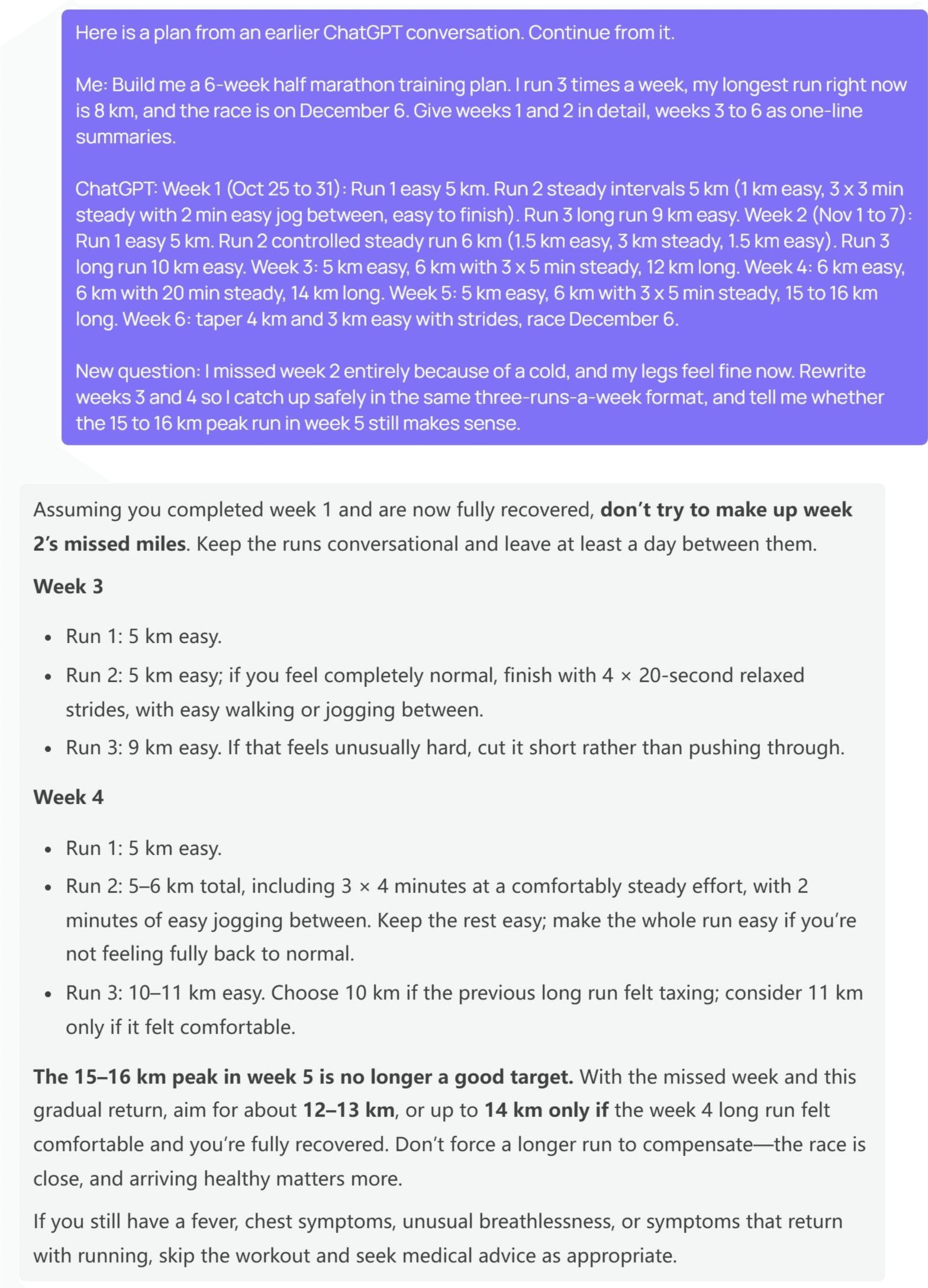 GPT-6 Luna playground on Atlas Cloud showing the pasted half marathon conversation in a purple message bubble and Luna's reply below it, which tells the runner not to make up the missed week, lists weeks 3 and 4 run by run, and says the 15 to 16 km peak in week 5 is no longer a good target, suggesting 12 to 13 km instead
