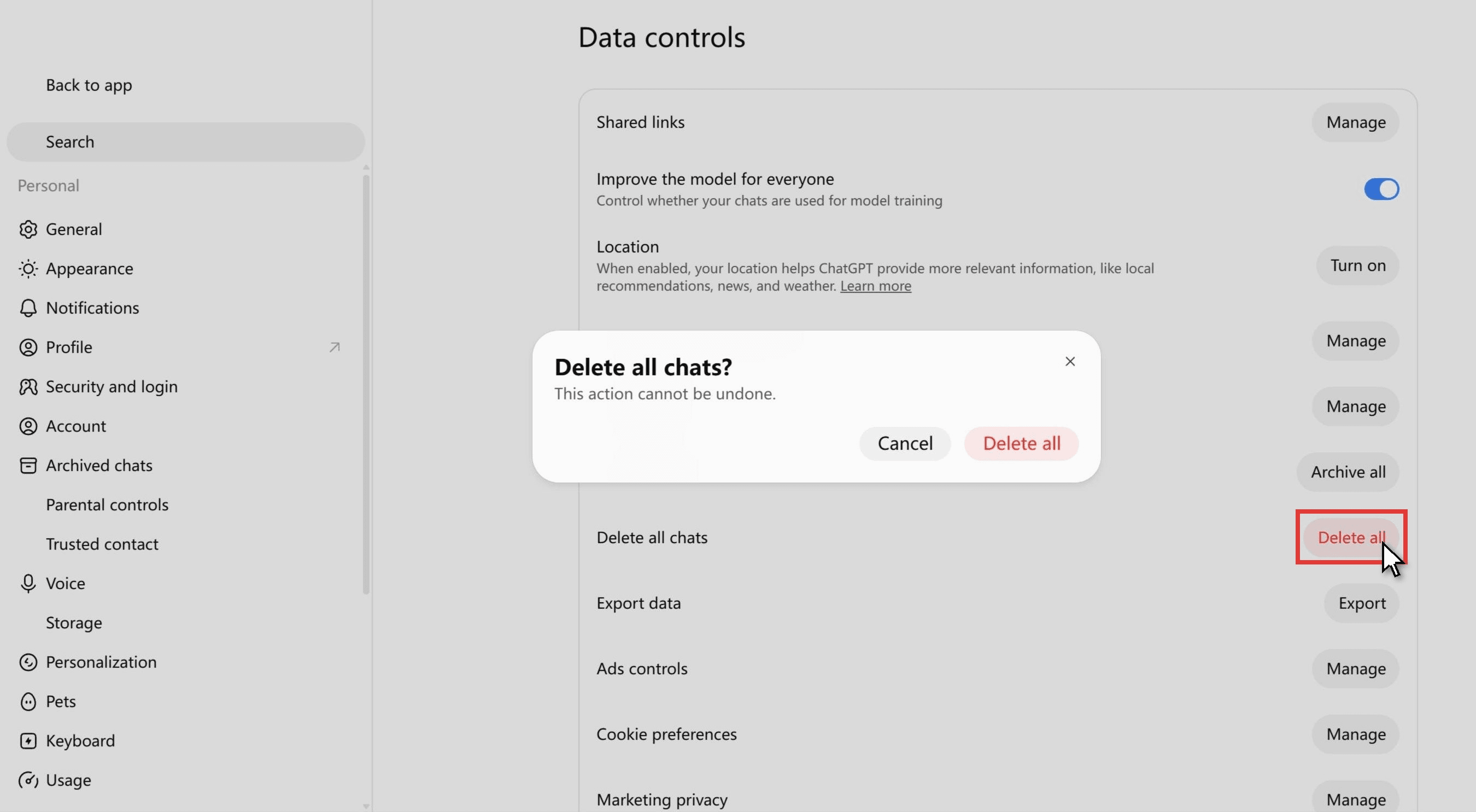ChatGPT Data controls page with the Delete all chats confirmation dialog open, reading Delete all chats? This action cannot be undone, with Cancel and Delete all buttons, and the page's Delete all button marked with a red box and the cursor on it