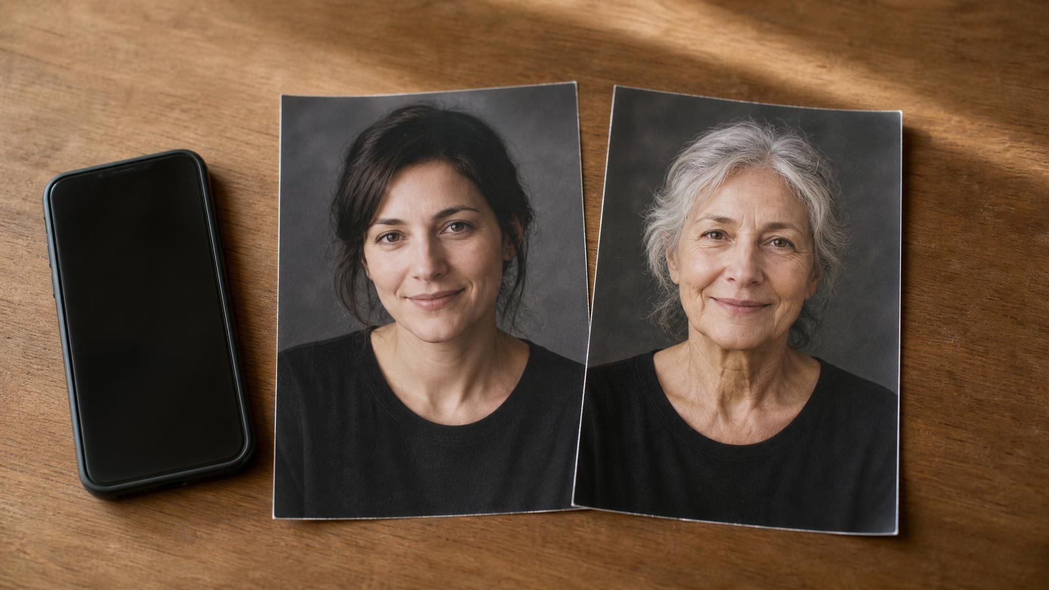 Two printed portraits of the same woman side by side on a desk, one at about thirty and one aged decades by an old age filter, with a phone lying face down beside them.