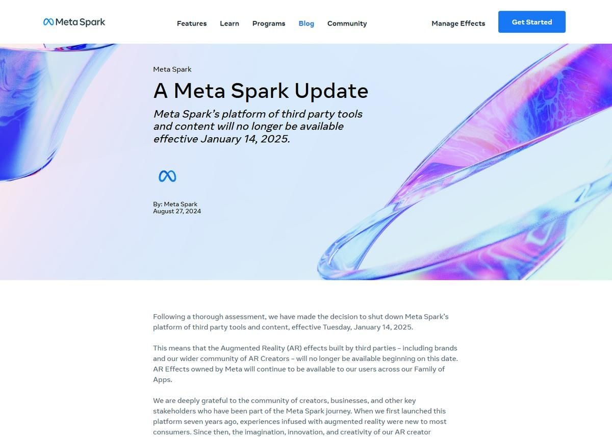 Screenshot of the Meta Spark announcement page, headlined A Meta Spark Update, stating that third party tools and content will no longer be available effective January 14, 2025.