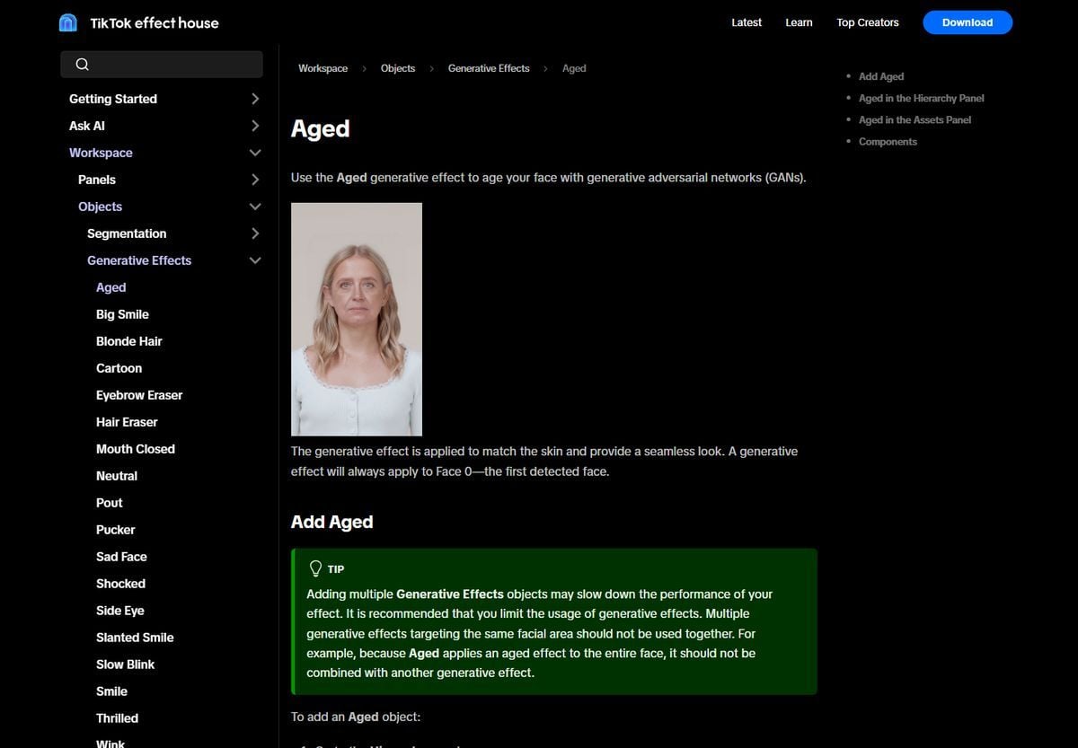 Screenshot of TikTok Effect House documentation for the Aged generative effect, showing an aged sample portrait and the note that it ages a face with generative adversarial networks.