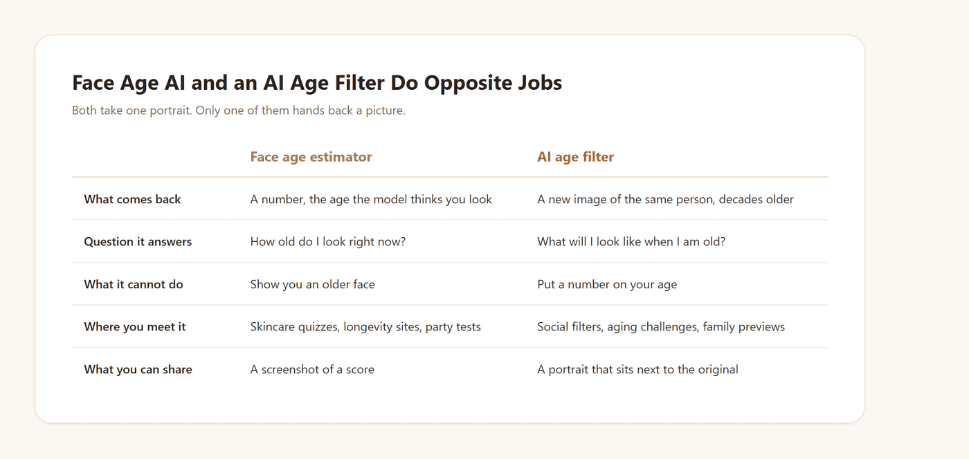Comparison table showing that a face age estimator returns a number for how old you look while an AI age filter returns an image of an older version of the same person.