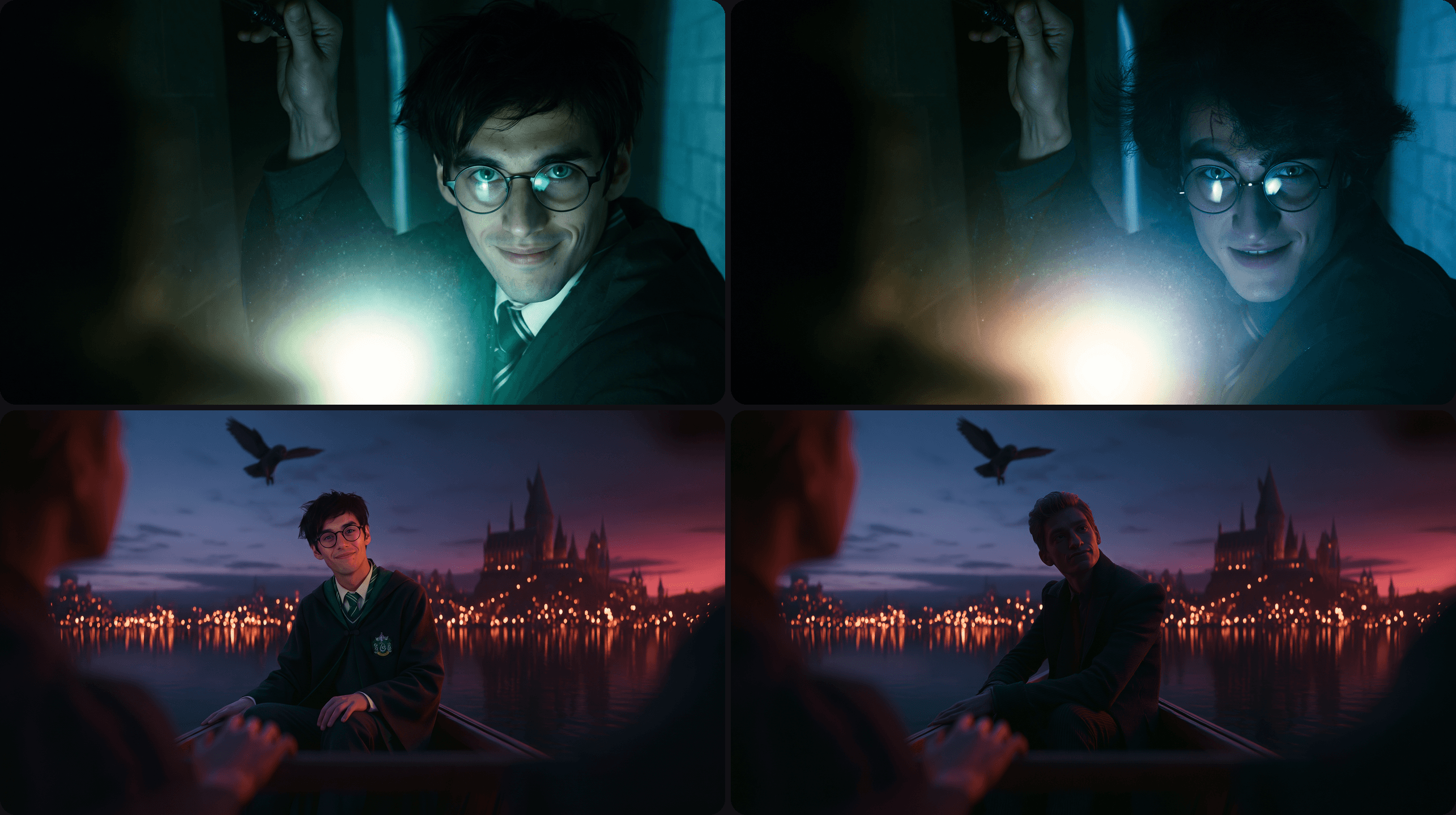 Four panels comparing a young wizard and an older man near Hogwarts