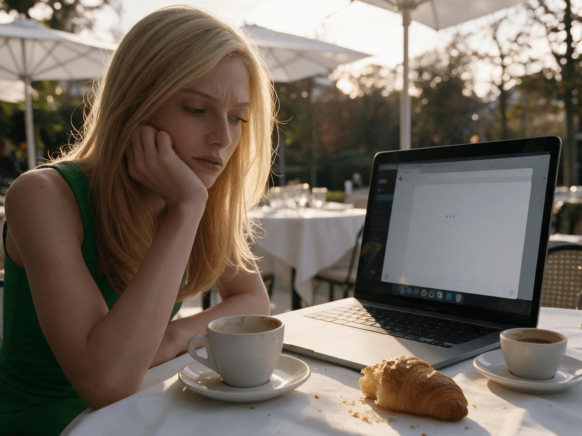 A young woman with long blonde hair rests her chin in her hand at a sunlit Paris café table, frowning at an open laptop whose chat window shows only three grey typing dots, next to an empty espresso cup and a half-eaten croissant