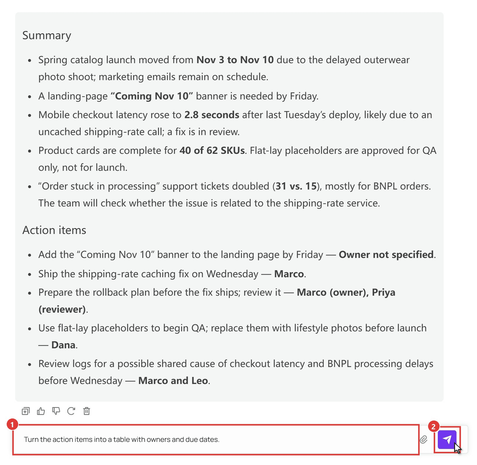 GPT-6 Luna playground on Atlas Cloud showing a finished meeting-notes summary with five bullets and an action items list, the message box holding a follow-up request to turn the action items into a table marked as step 1, and the send arrow marked as step 2 with the cursor on it