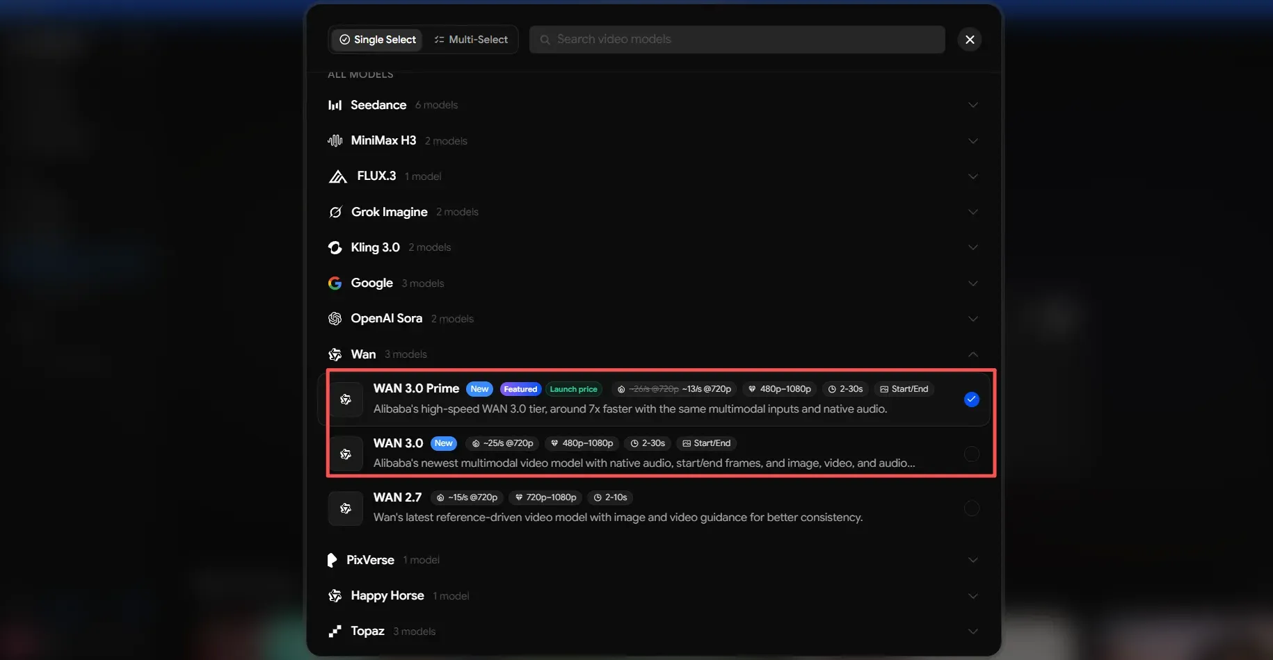 Yapper model selection UI highlighting WAN 3.0 Prime with 7x faster generation speed and native 30-second video support