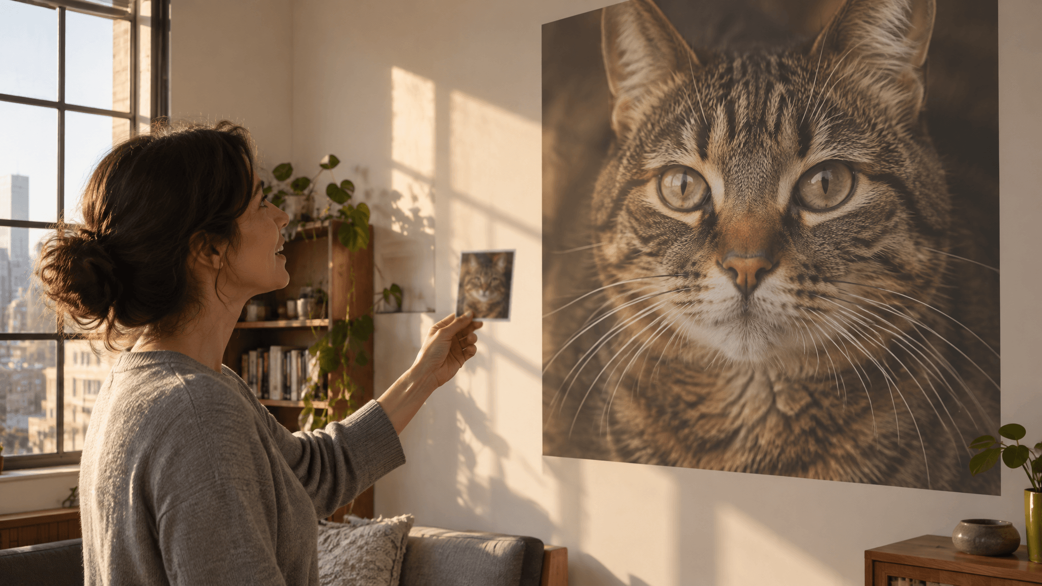 Side by side compare view in a browser AI image upscaler, a small 384 pixel crop of a tabby cat's face on the left and the rebuilt 768 pixel version on the right with visibly sharper whiskers and fur