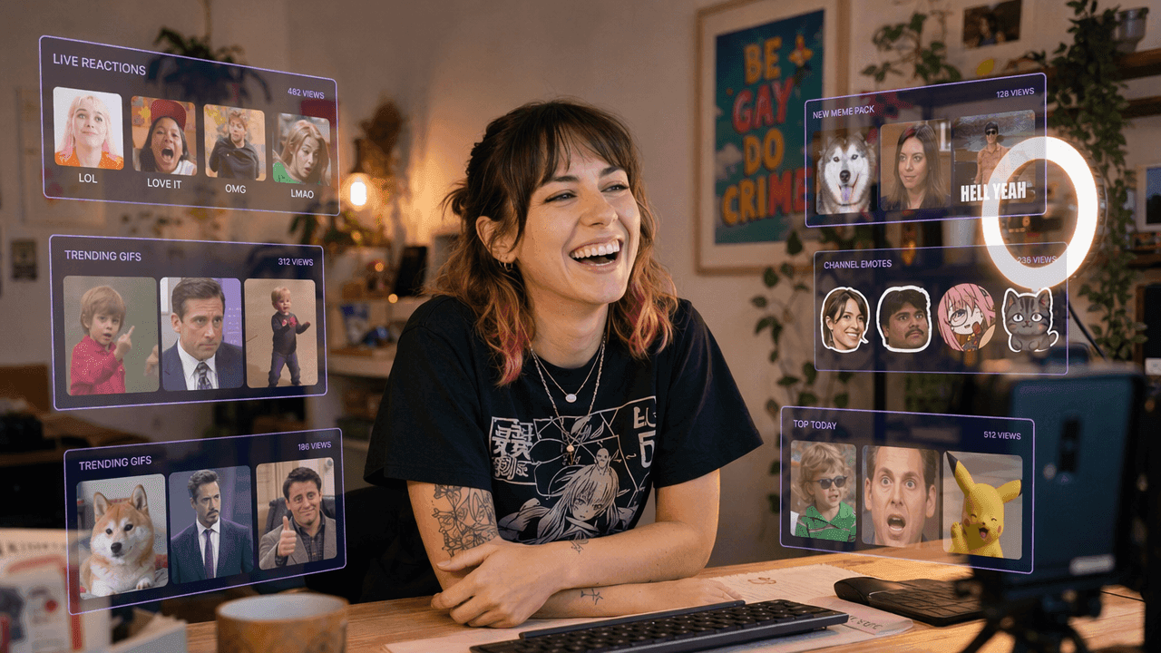 Laughing woman streamer with floating digital screens of internet memes
