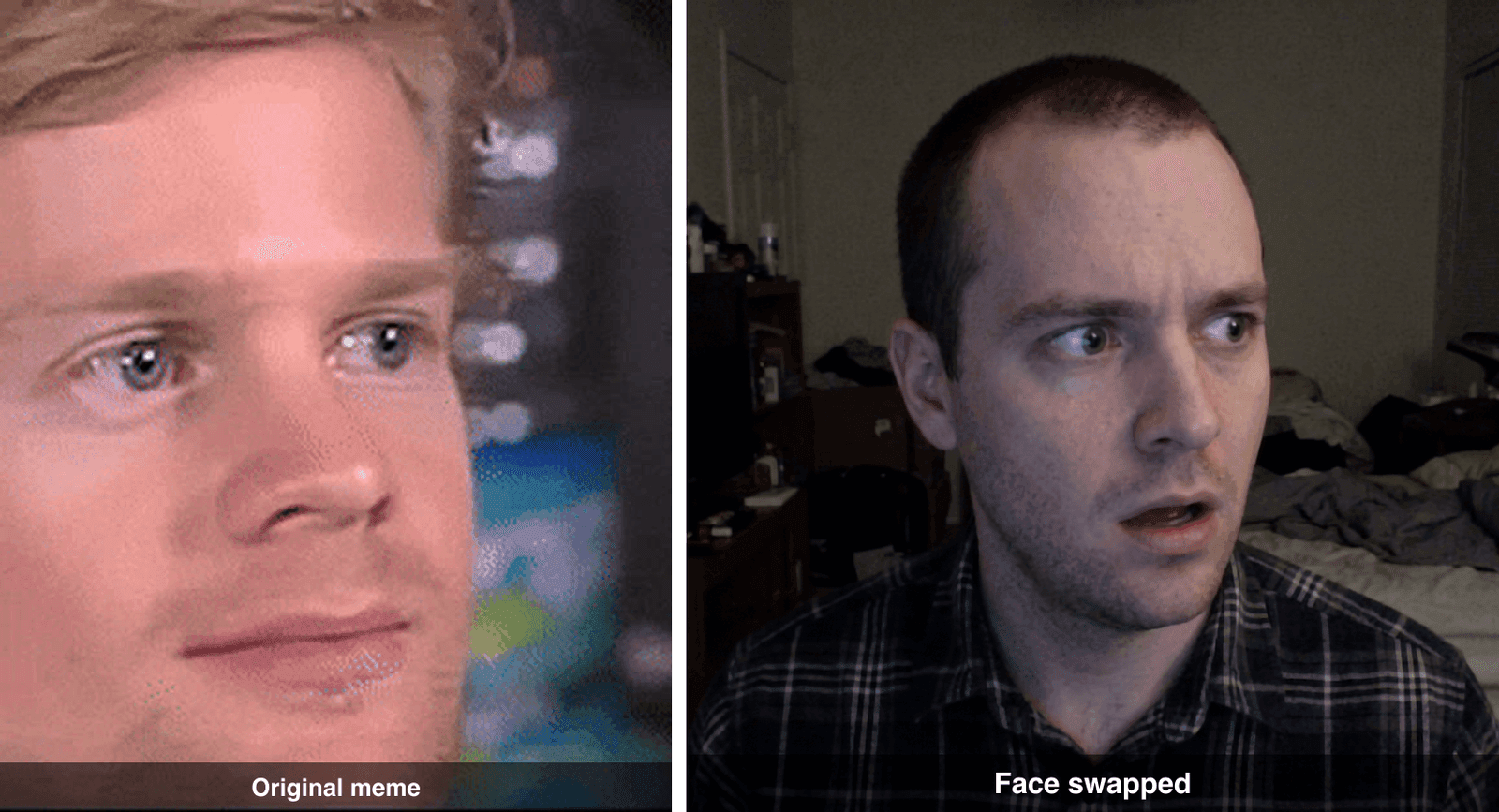 Blinking guy meme compared side-by-side with a face-swapped version