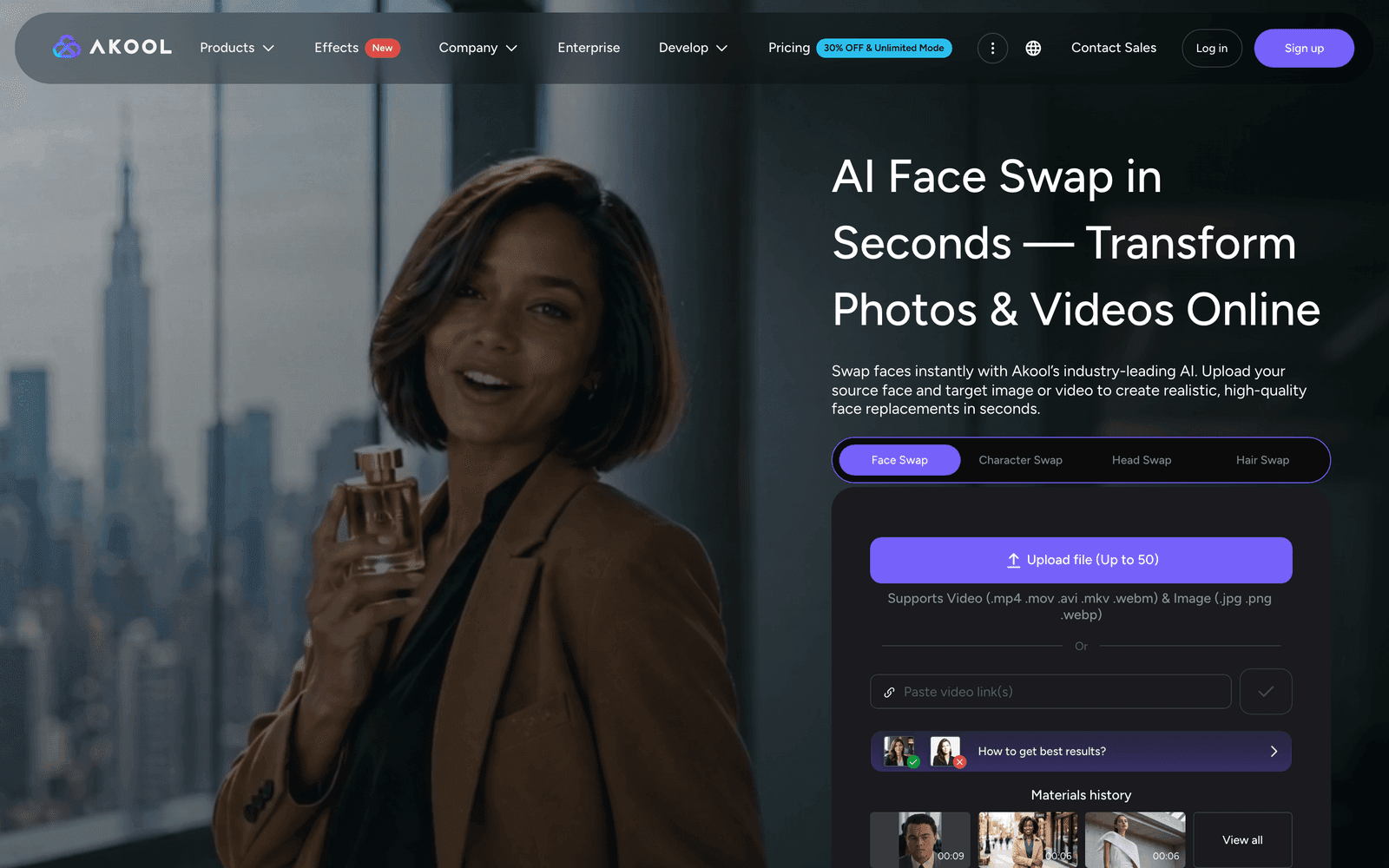 Akool website homepage featuring an AI face swap tool