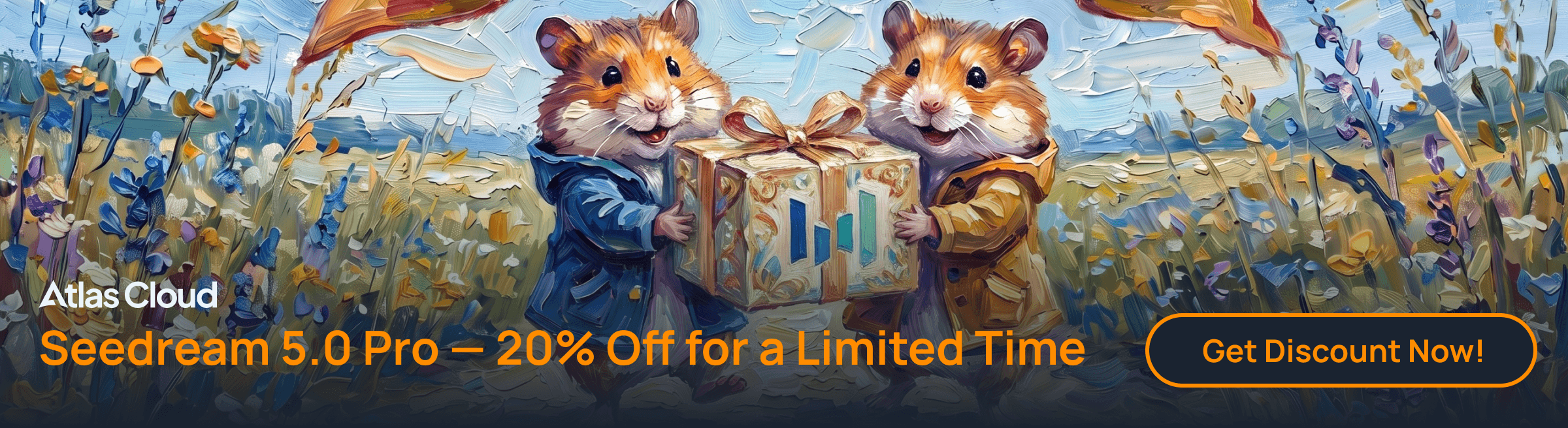 Two hamsters in coats holding a gift box in a field