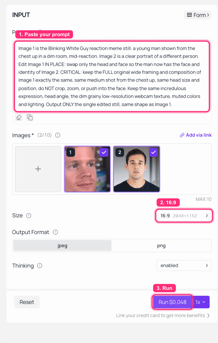 Screenshot of an AI tool interface showing face-swap settings